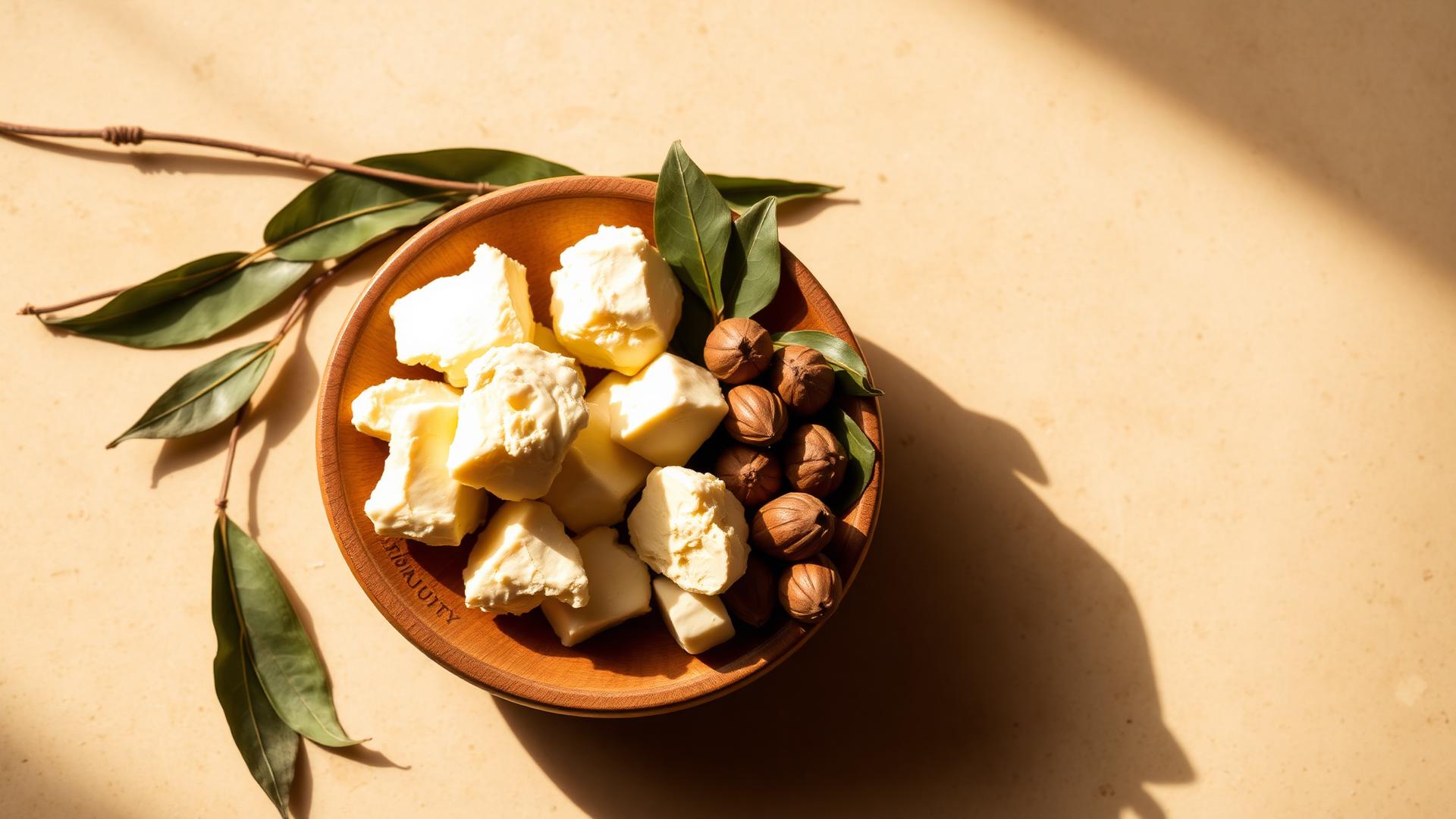 Raw unrefined shea butter and dried botanicals on warm stone